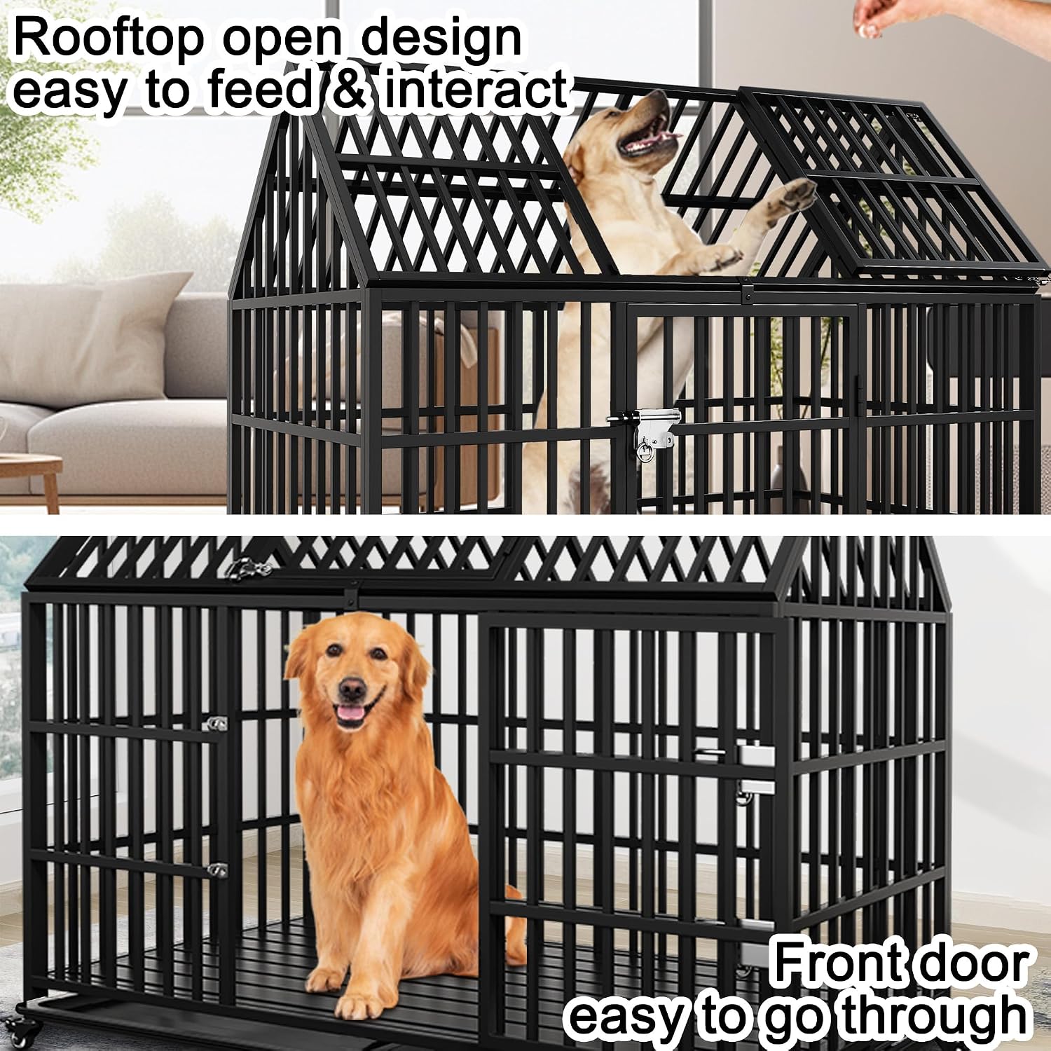 58 inch Heavy Duty Dog Crate Cage Kennel Escape-Proof for Large Dogs, High Anxiety Dog Crate with Removable Trays and Wheels, Extra Large XL XXL