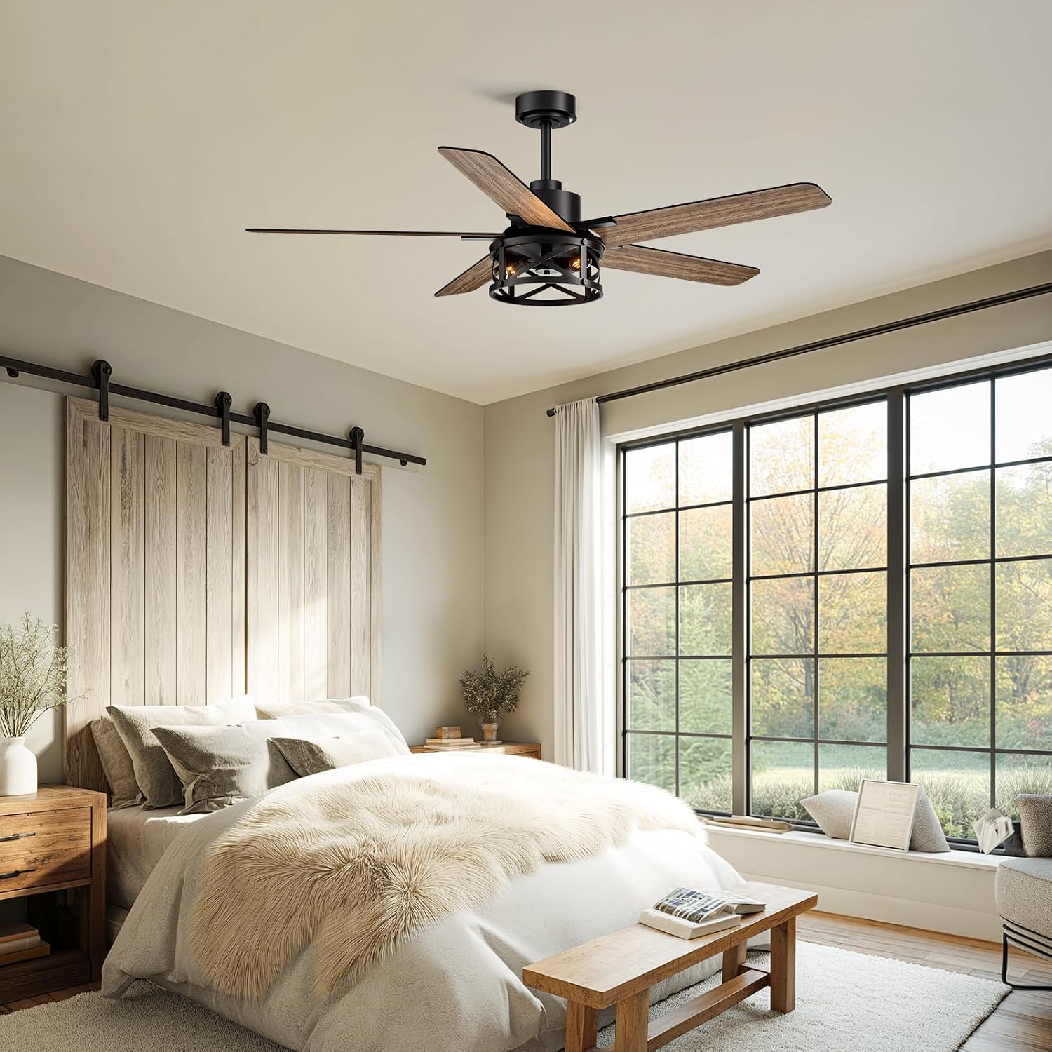 52 Inch Ceiling Fans with Lights and Remote Control, Low Profile Farmhouse Ceiling Fan for Bedroom Living Room and Patio, Black Caged Ceiling Fan for Indoor and Outdoor（NO BULBS）