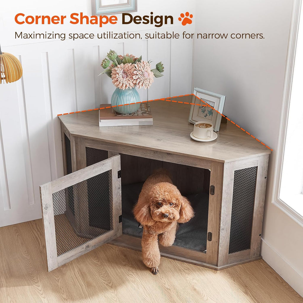 MAHANCRIS Corner Dog Crate Furniture, Wooden Dog Kennel End Table, Decorative Pet Crate Indoor Use, Furniture Style Dog House for Small Medium Dog, Dog Cage TV Stand, Greige and Black DCHG0801