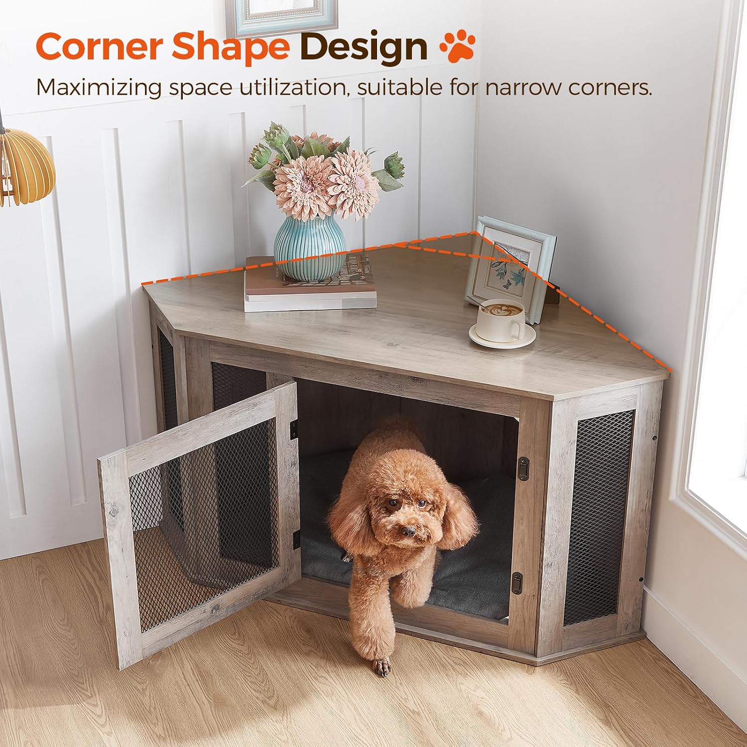 MAHANCRIS Corner Dog Crate Furniture, Wooden Dog Kennel End Table, Decorative Pet Crate Indoor Use, Furniture Style Dog House for Small Medium Dog, Dog Cage TV Stand, Greige and Black DCHG0801