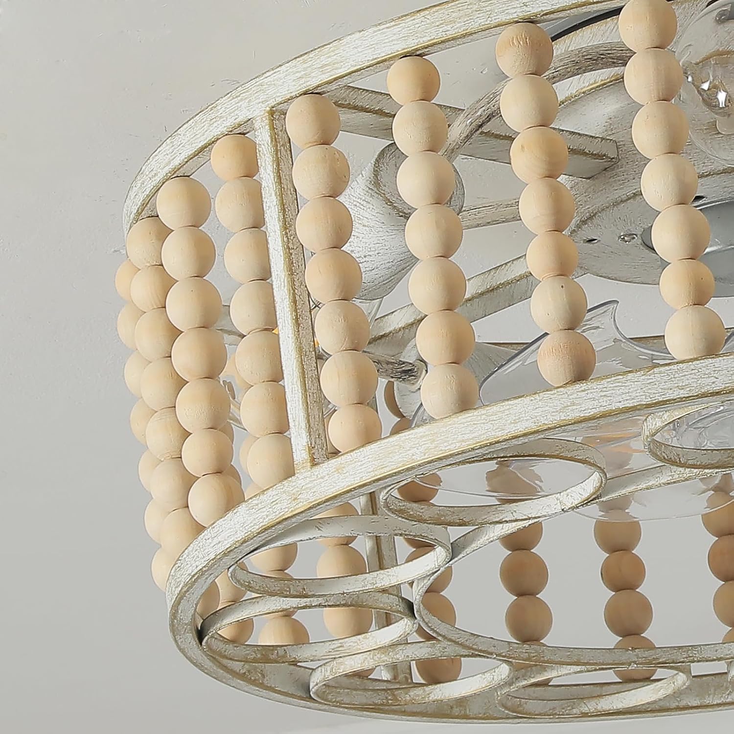 20' Boho Ceiling Fan with Light: Wood Beaded Caged Ceiling Fans with Lights Flush Mount,Remote and Reversible 6 Speeds Fandelier for Bedroom, Kitchen, Living Room,E26 Base No Bulb.