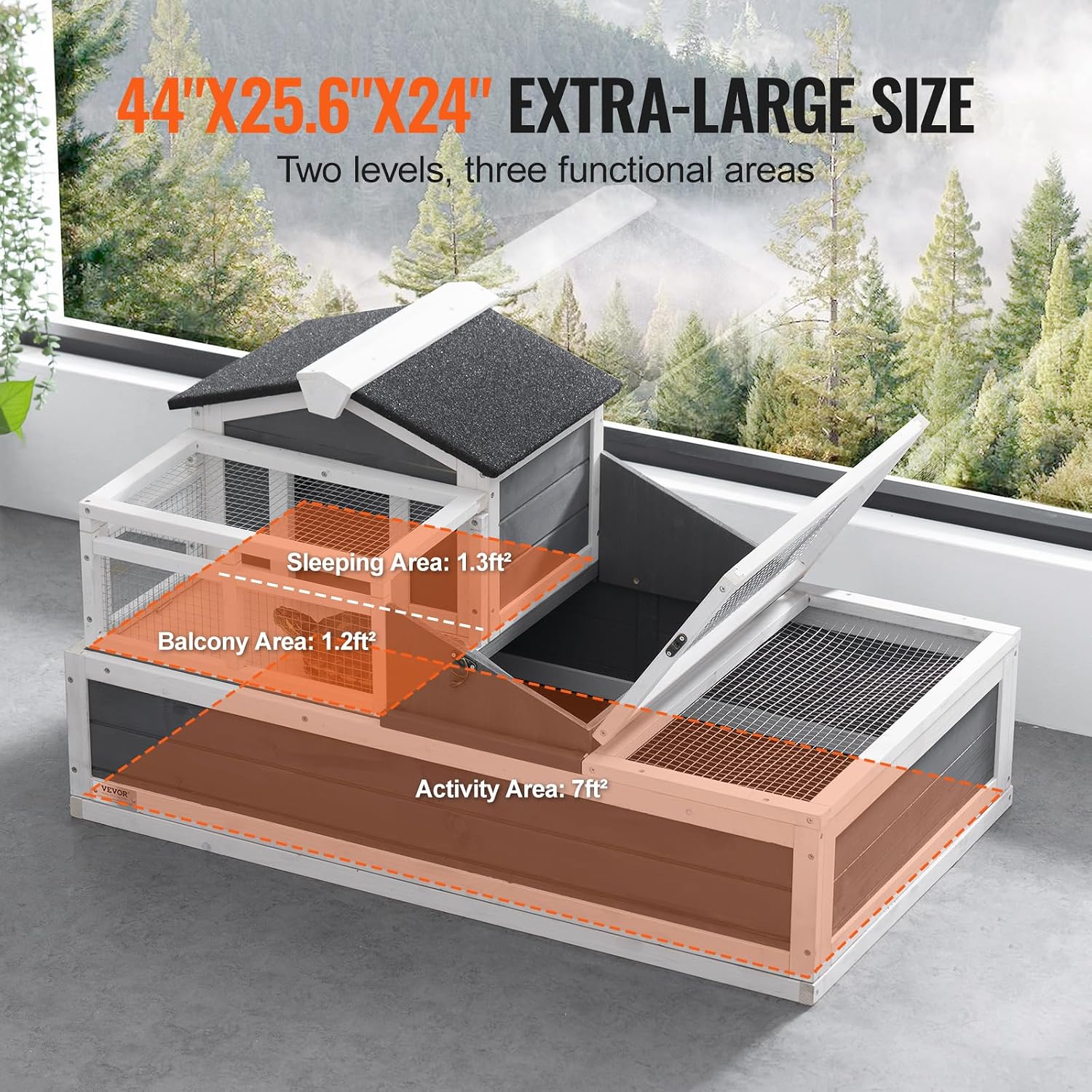 VEVOR 3-Room Tortoise House,Tortoise Habitat with Balcony & 2 Stories, Wooden Tortoise Enclosure Indoor & Outdoor with Ramp, Tray, Openable Roof, Large Reptile Cage, 44' x 25.6'x 24'