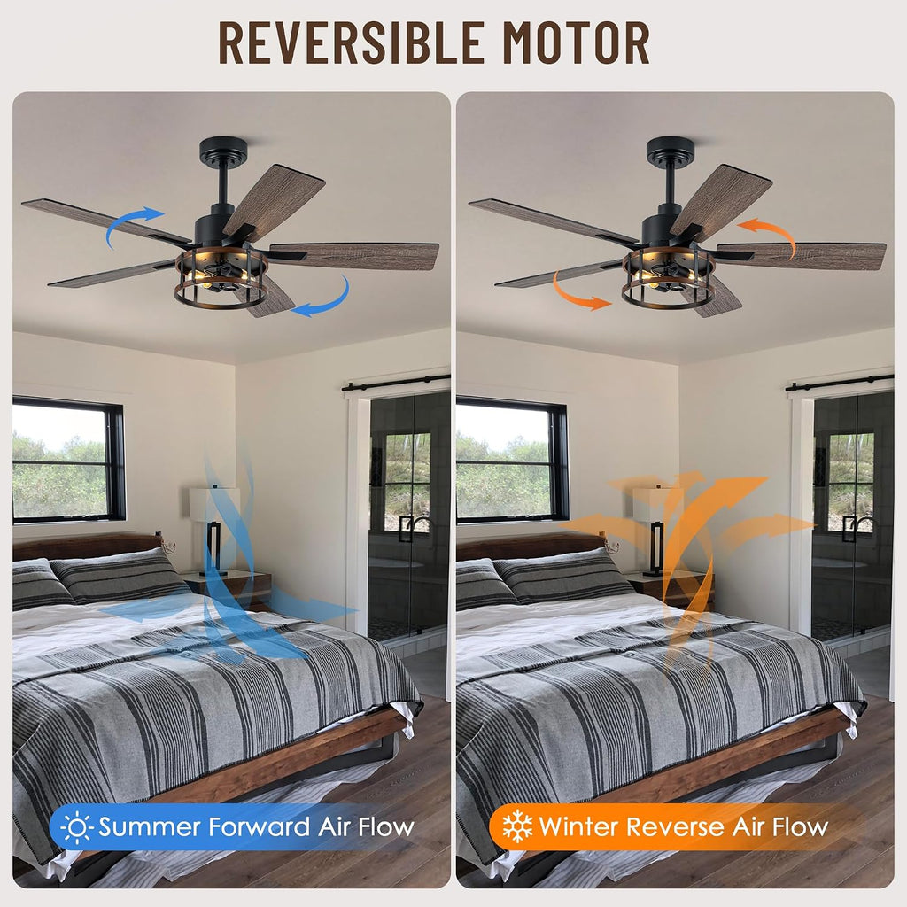 52' Farmhouse Ceiling Fans with Lights, Caged Ceiling Fan with Light and Remote,Reversible Motor,5 Double Finish Wood Blades,Black Rustic Industrial Ceiling Fan for Living Room/Dining Room