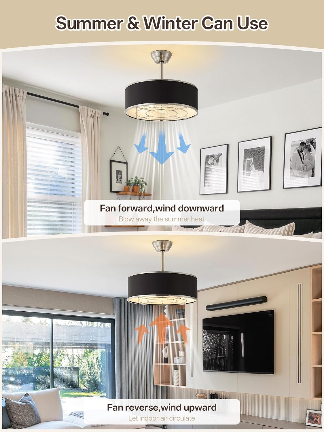 20' Black and Sliver Caged Boho Fandelier Ceiling Fan with Light & Remote Control - Bladeless Chandelier Fan, 6 Speed Quiet Reversible Motor for Bedroom, Nursery, Living Room
