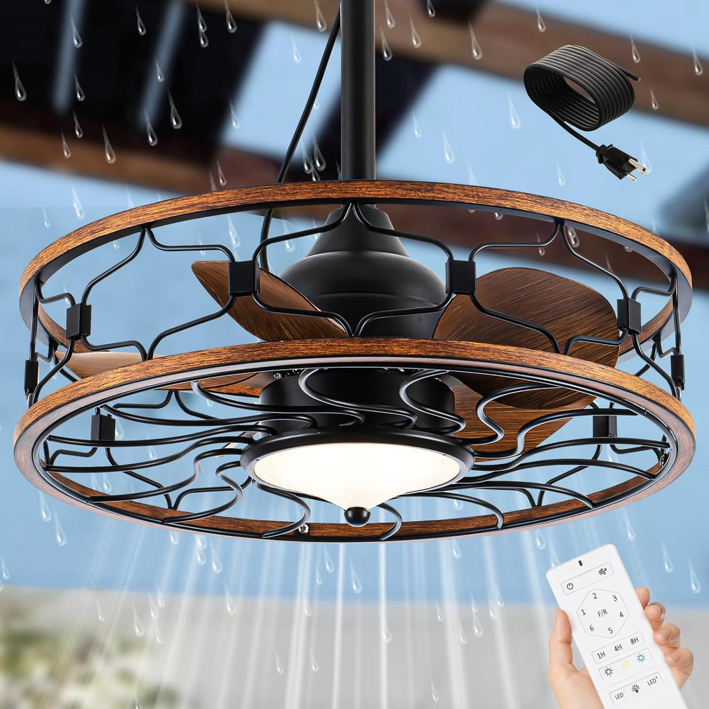 Outdoor Ceiling Fans for Patios Waterproof, Plug in Gazebo Fan Outdoor Hanging with Hook, 3 Color Light Remote Control, Strong 6 Speed, 20' Small Wet Rated for Outside Porch, Pergola, Garage