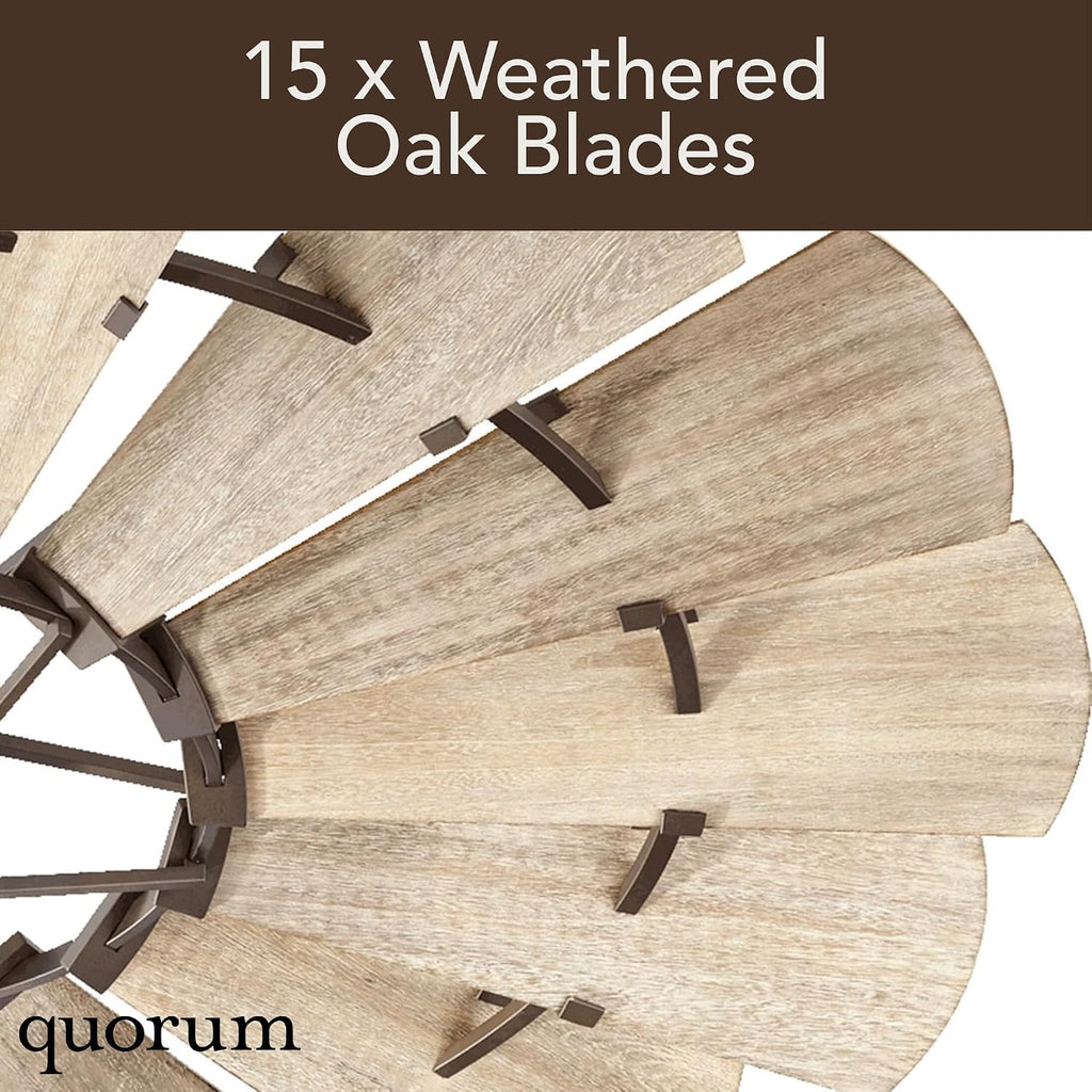 Quorum 97215-86 Windmill 72 Inch Ceiling Fan | 15 Blade Wagon Wheel Design | 6 Speed Reversible DC Motor | Remote Control Included | Dry Rated Indoor Fan | Weathered Oak Blades | Oiled Bronze Finish