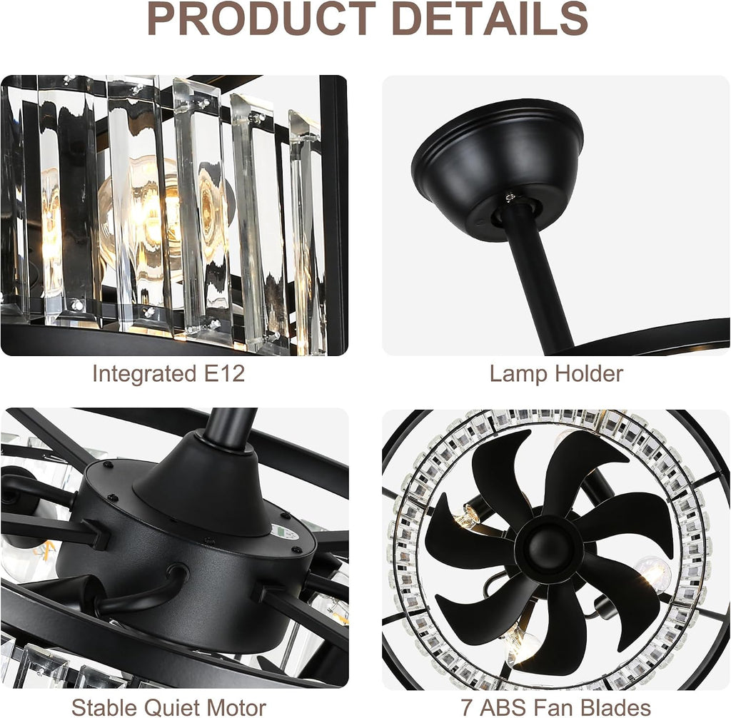 Bella Depot 20' Black Flush Mount Ceiling Fan, Caged Crystal Chandelier Fan with Light (No Bulbs Included), Quiet DC Motor for Bedroom Dining Living Room