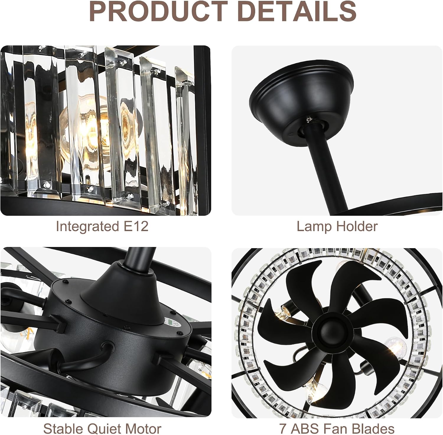 Bella Depot 20' Black Flush Mount Ceiling Fan, Caged Crystal Chandelier Fan with Light (No Bulbs Included), Quiet DC Motor for Bedroom Dining Living Room