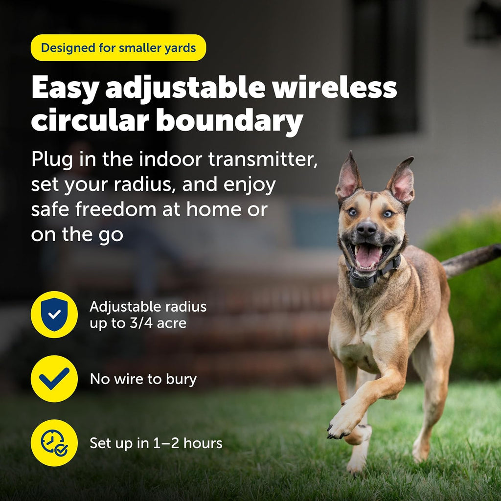 PetSafe Stay & Play Compact Wireless Fence, LCD Screen to Adjust the Circular Boundary, Secure up to 3/4 Acre Area, Use for All Your Pets, Portable System with 50 Extra Flags