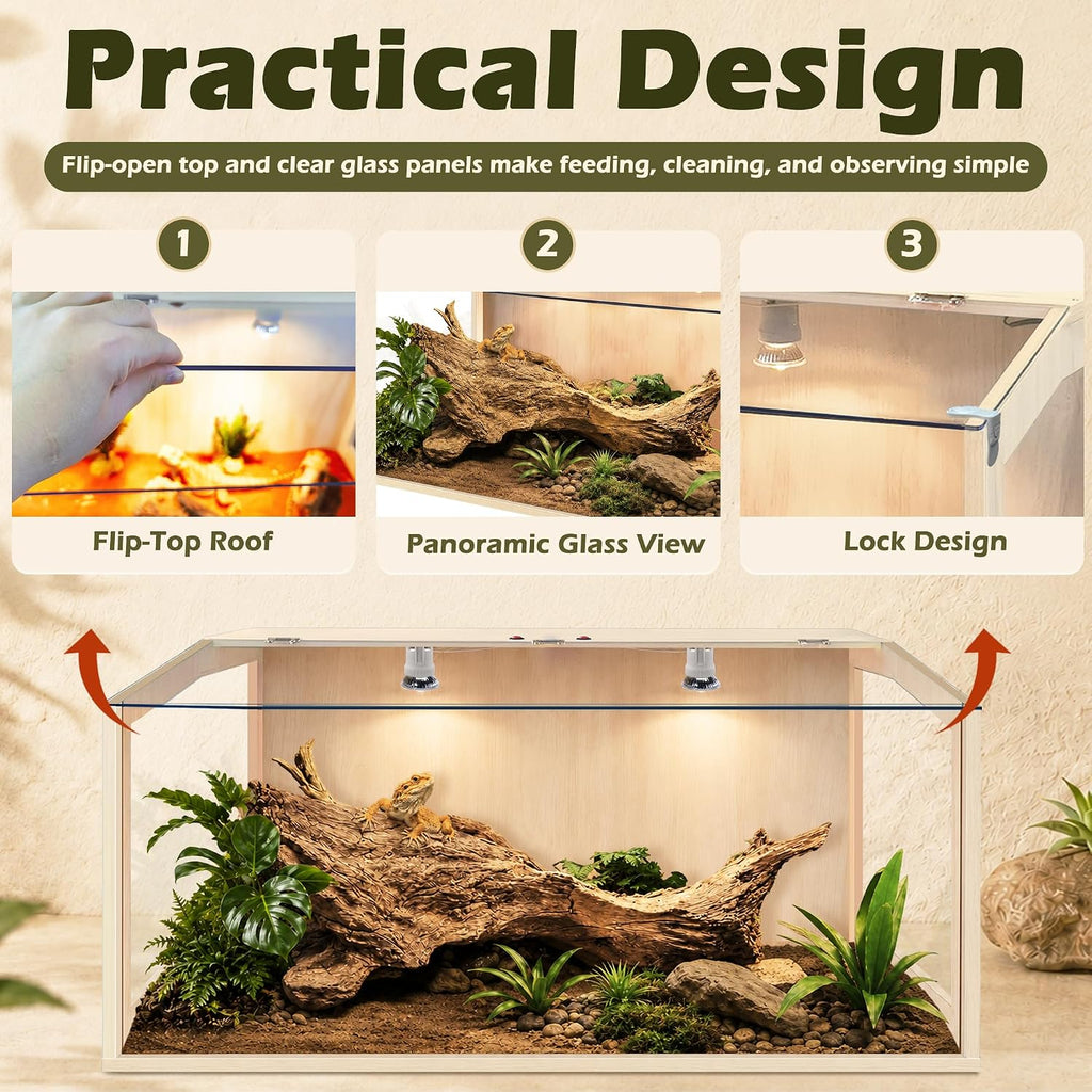 PROLEE Bearded Dragon Tank, Lizard Tank with Clear Tempered Glass, Anti-Scratch Reptile Enclosure, Reptile Tank Built-in Light Fixtures with Switch (32X16X16inch,34 Gallon)