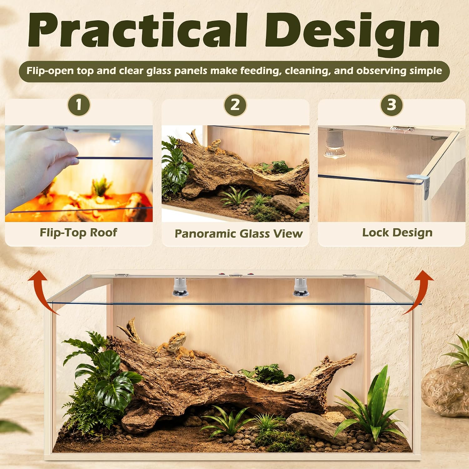 PROLEE Bearded Dragon Tank, Lizard Tank with Clear Tempered Glass, Anti-Scratch Reptile Enclosure, Reptile Tank Built-in Light Fixtures with Switch (32X16X16inch,34 Gallon)