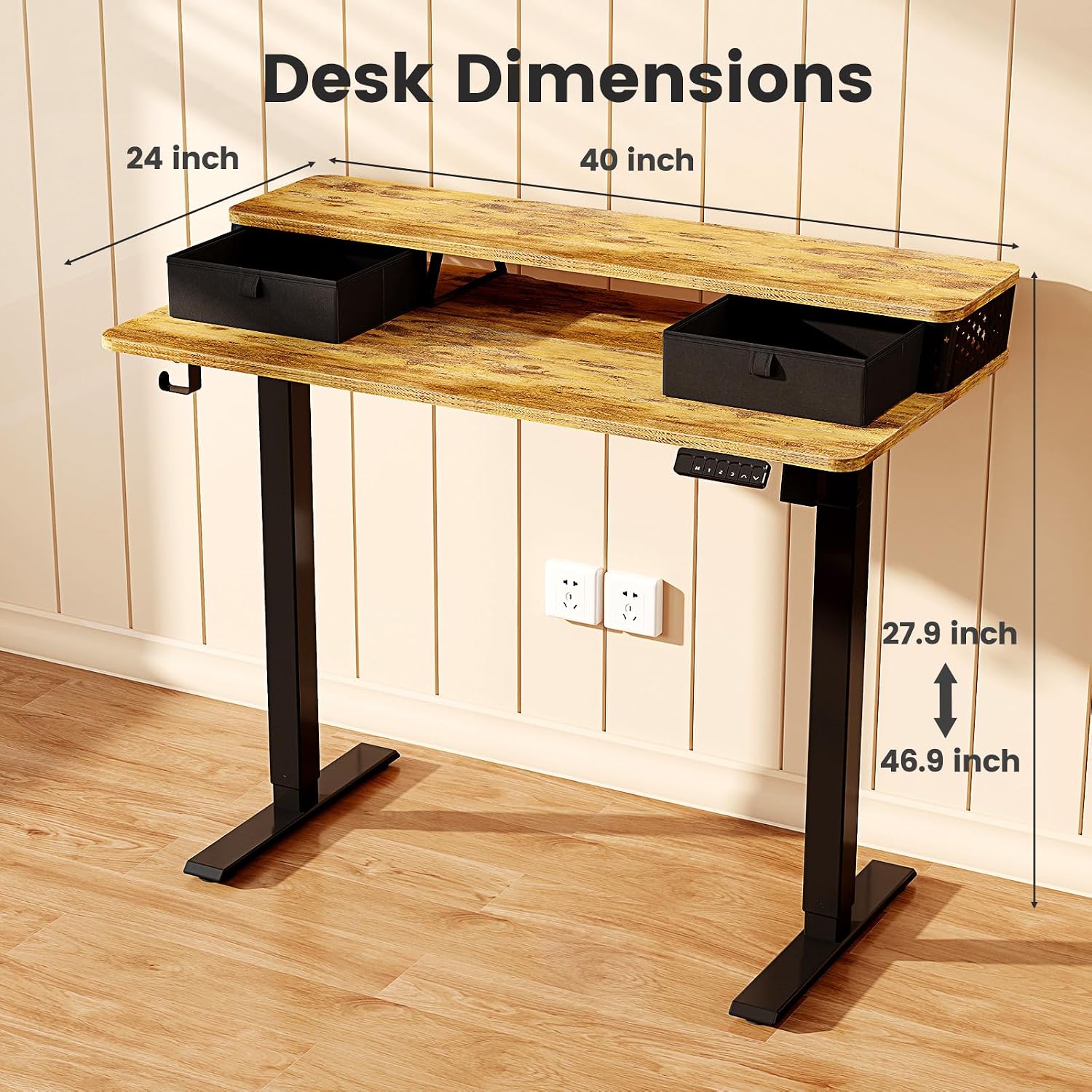 Electric Standing Desk with Two Drawers,40 x 24 Inch Sit Stand Desk Adjustable Height, Stand Up Desk with Storage Shelf, Computer Workstation for Home Office, Rustic Brown