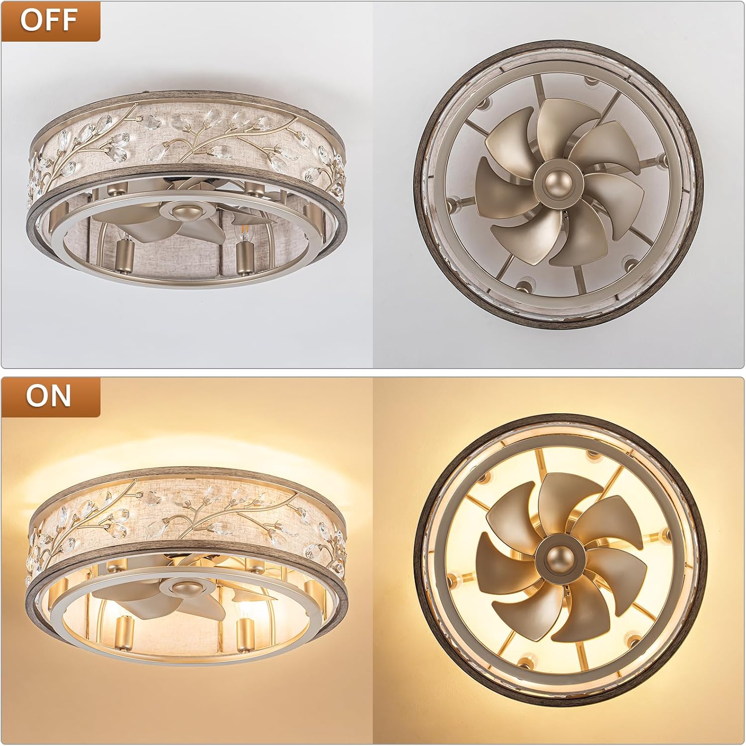 WWM 20 Inch Low Profile Caged Fandelier Ceiling Fan with Light – Farmhouse Style, DC Motor Fixes Flickering, Reversible Motor, Remote Control, Quiet & Energy-Efficient, 6 E12 LED Bulbs Included