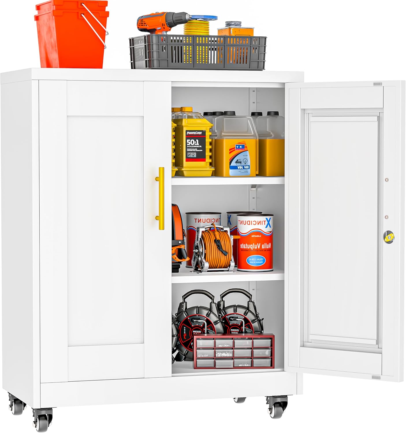 36 Inch Rolling Locking Storage Cabinet, 13.8' D x 27.6' W x 35.4' H, Metal Cabinet with 2 Adjustable Shelves and Wheels, Heavy-Duty Mobile Garage Storage Cabinet for Home, Office, Basement, White
