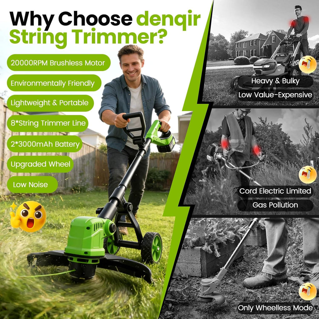 14' Electric String Trimmer Cordless Battery Powered Weed Eater with Wheel, 3-in-1 Cordless Grass Trimmer/Electric Weed Wacker/Edger, Weed Trimmer with 8 Replacement Spools for Garden, Lawn (Green)