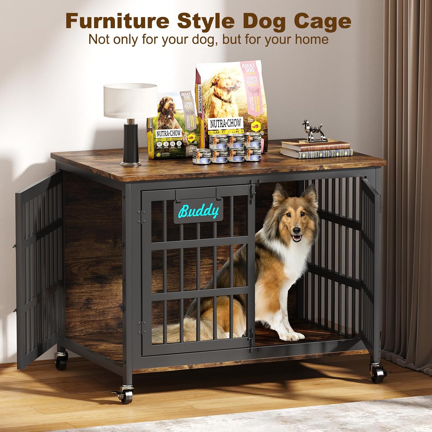 EasyCom 41'/33'/27' Dog Crate Furniture with Name Tag, Heavy Duty Dog Kennel Indoor for Medium Dogs, Double-Doors Sturdy Metal Dog Cage for Anxiety Dog, Decorate House as TV Stand, End Table