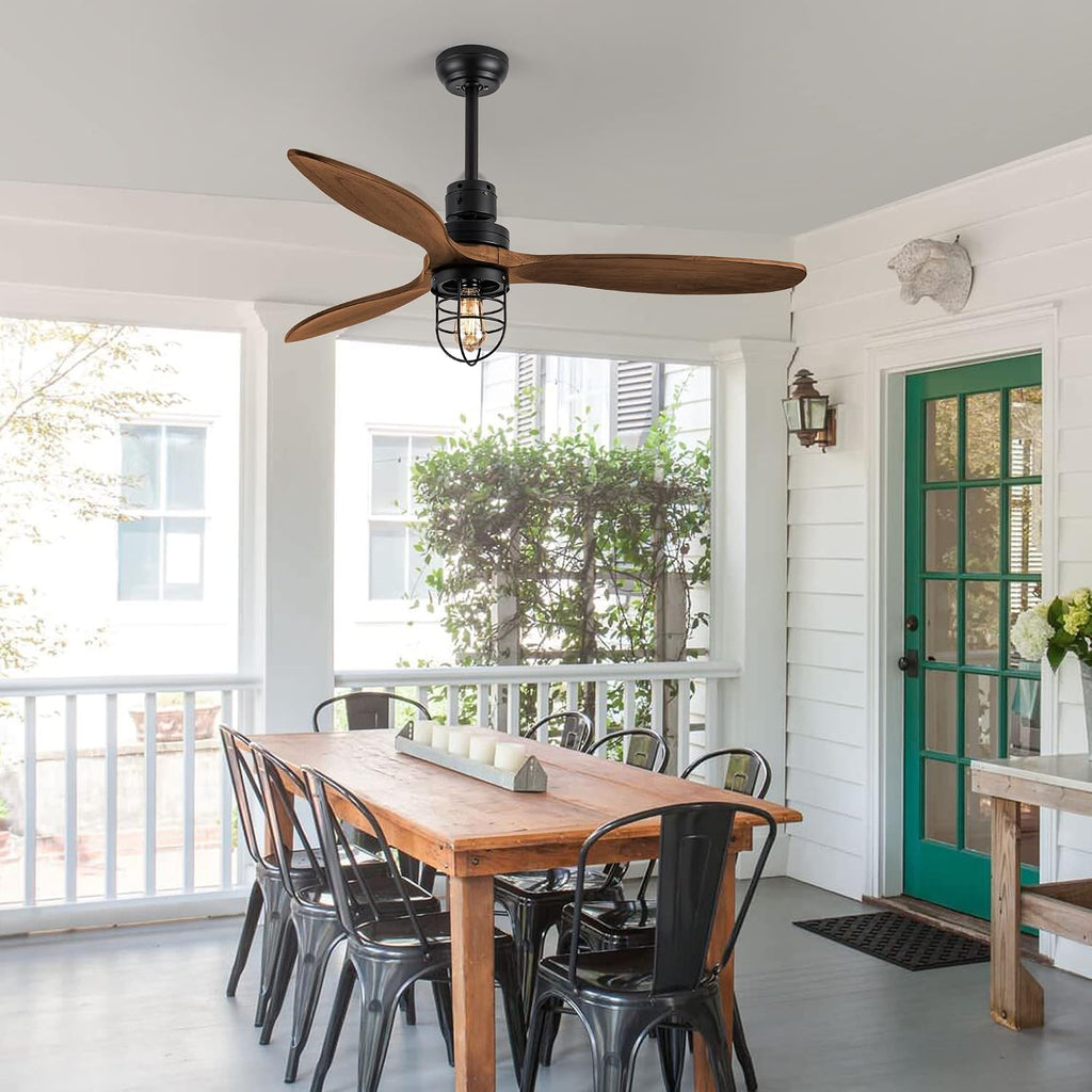WWM 52 in Farmhouse Outdoor Ceiling Fan with Light, Modern Bedroom Fans with Remote, 3 Wood Blades Industrial Outdoor Ceiling Fans for Patios with Reversible Motor
