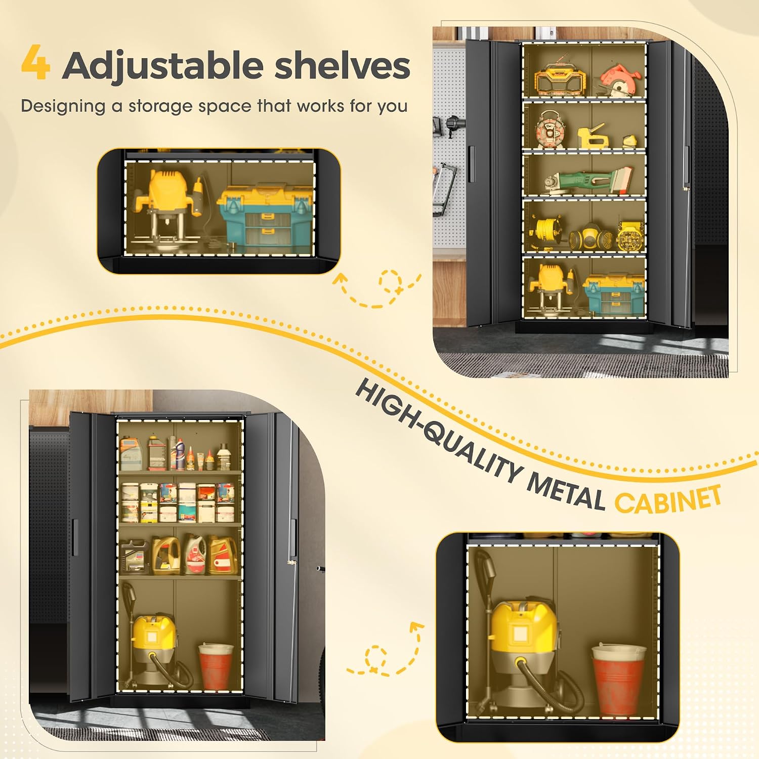 Greenvelly 72' H Metal Garage Storage Cabinet with 2 Doors and 4 Adjustable Shelves, Black Metal Cabinet with Lock, Steel Tool Cabinet for Office, Home, Garage, Gym, School（New Recessed Handle）