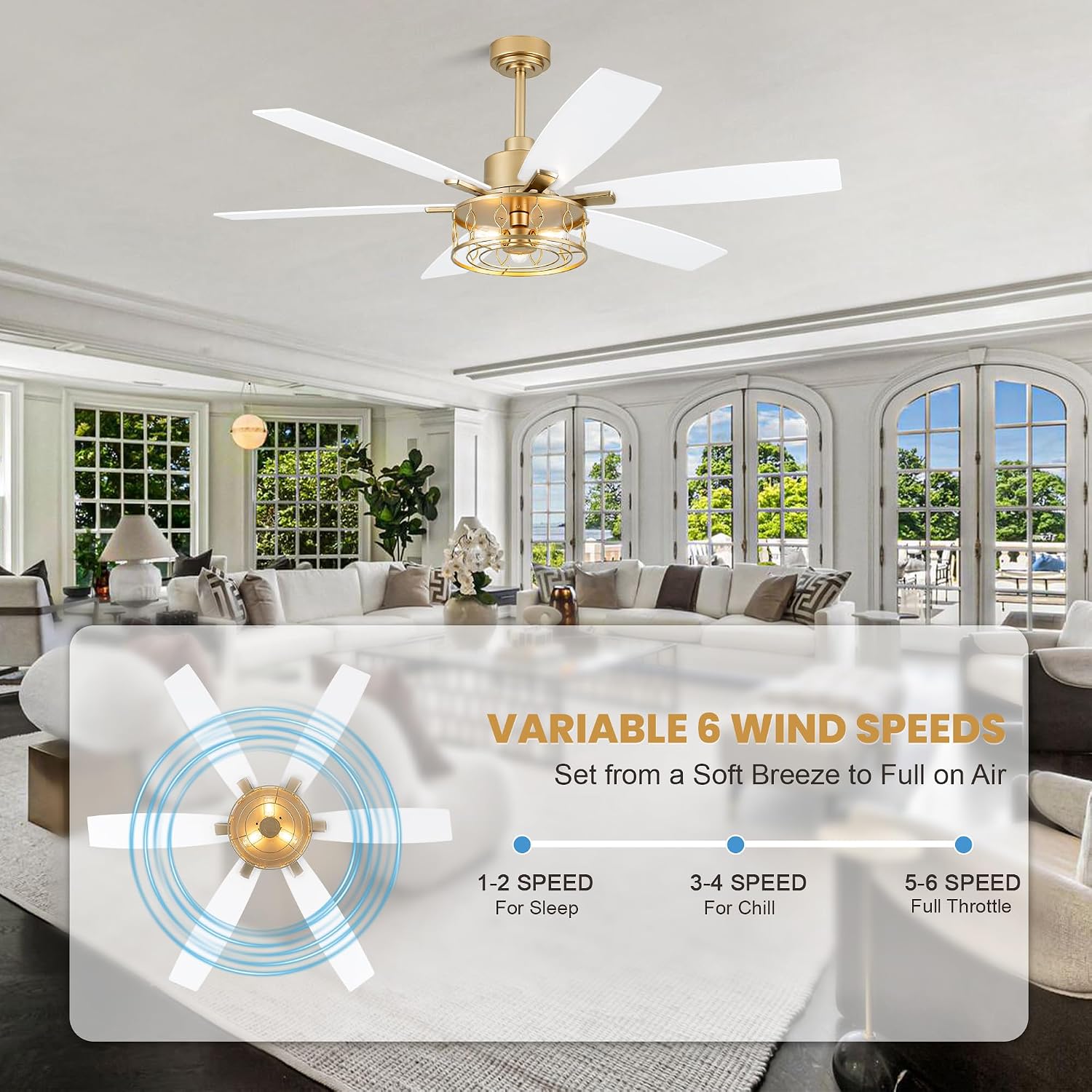 Dawn Whisper 60 Inch Ceiling Fans with Lights Gold Ceiling Fans with Remote Quiet Reversible DC Motor 6 Speeds Large Industrial Chandelier Fan for Living Room Bedroom