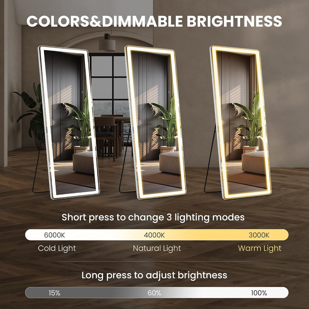 Elevon Full Length Mirror with LED Lights, 71'x26' Floor Mirror with Dimming & 3 Color Lighting, Led Mirrors Full Length with Stand for Bedroom, Dressing Room, Rectangle
