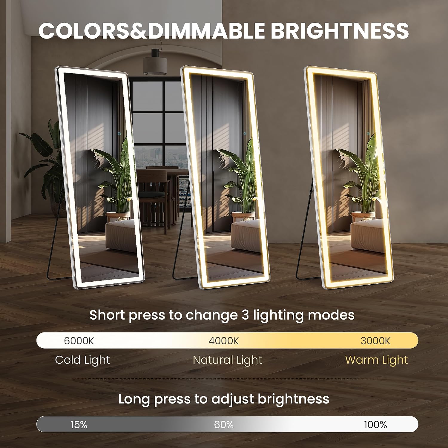 Elevon Full Length Mirror with LED Lights, 71'x26' Floor Mirror with Dimming & 3 Color Lighting, Led Mirrors Full Length with Stand for Bedroom, Dressing Room, Rectangle