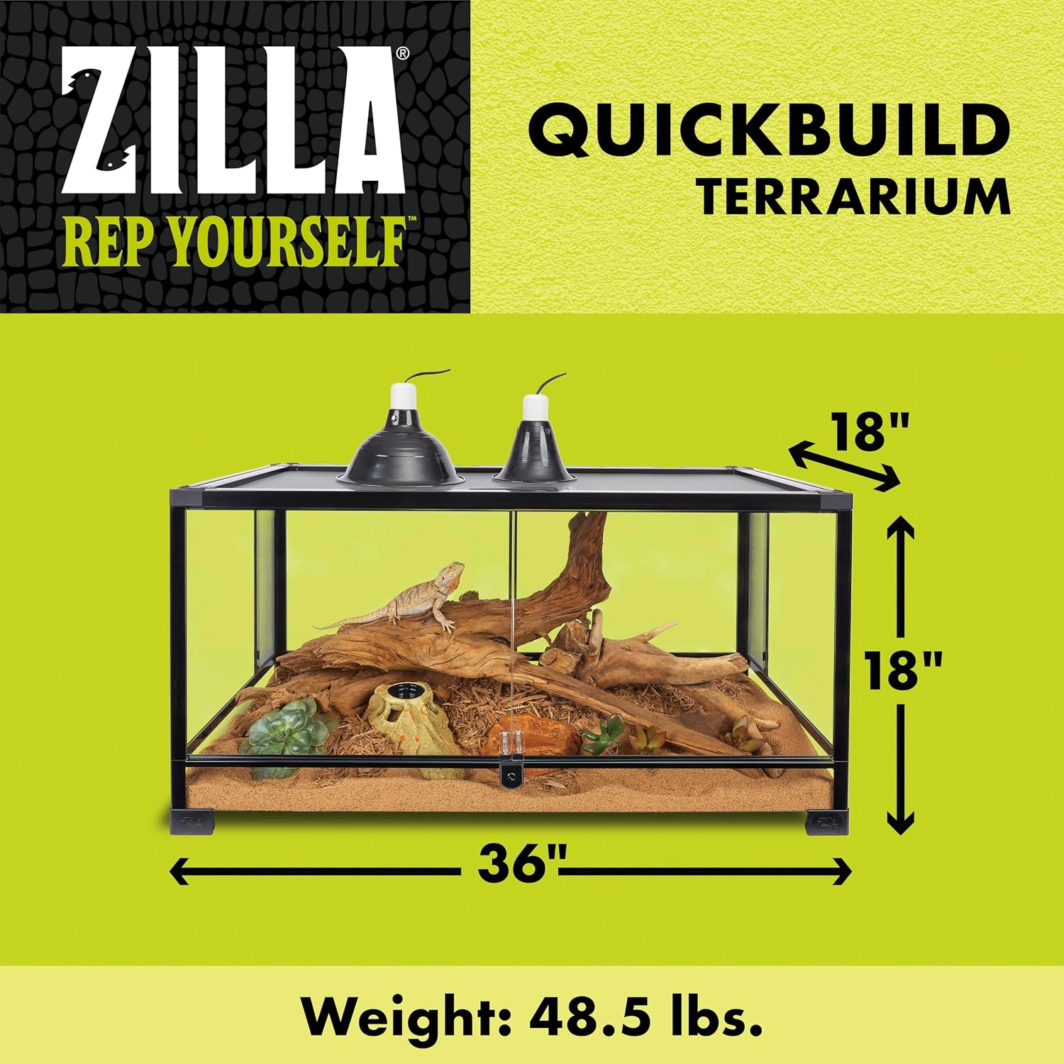 Zilla QuickBuild Reptile 40 Gallon Glass Terrarium Habitat with Swing Door For Geckos, Snakes, Lizards, Frogs, Turtles, and Tortoises, 36' x 18' x 18'