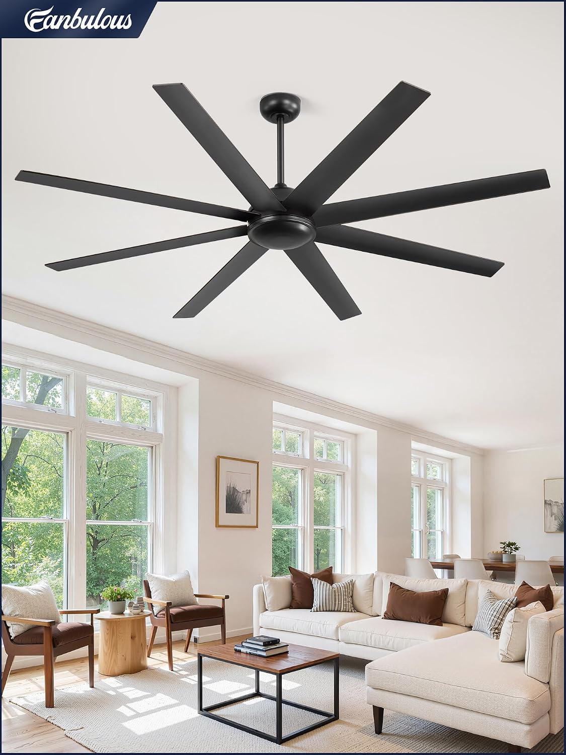 Fanbulous 72 Inch Ceiling Fans No Light with Remote, Black Indoor/Outdoor Ceiling Fan Without Light with Quiet Reversible DC Motor, 6 Speeds, 8 Blades Large Ceiling Fan for Living Room Bedroom Patio
