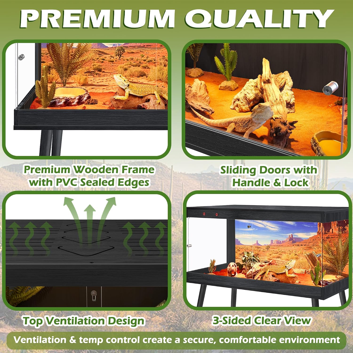 Royxen Bearded Dragon Tank, 36 Gallon Reptile Tank with Leg Stand,Built-in Lighting Reptile Enclosure, Tempered Glass Bearded Dragon Encloure for Chameleon (Black,32'x 16'x 16')