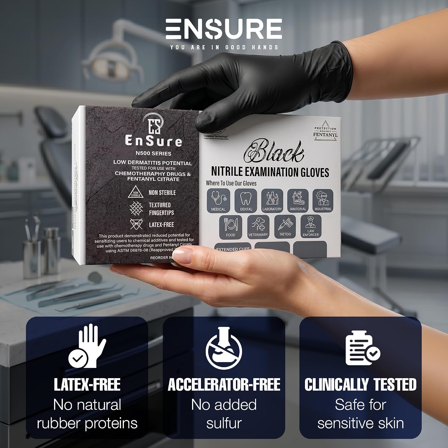 Ensure Black Nitrile Gloves – 5 Mil Heavy-Duty Disposable Gloves, Low Dermatitis, Powder & Latex Free, Chemo-Rated