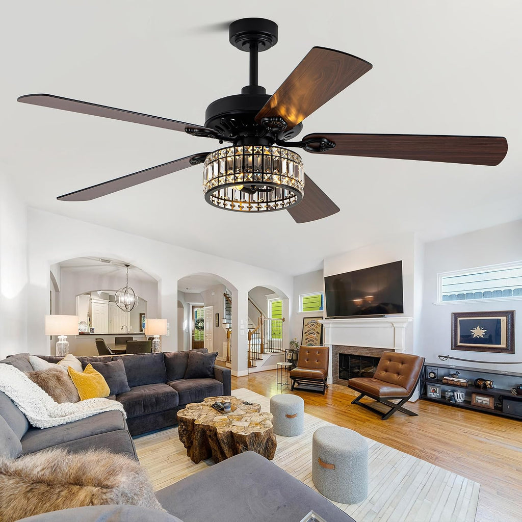Bella Depot 60' Vintage Black Ceiling Fan with Light, Large Crystal Chandelier Fan Fandelier Fan with 6-Speeds, Quiet Reversible DC Motor, for Bedroom, Living Room