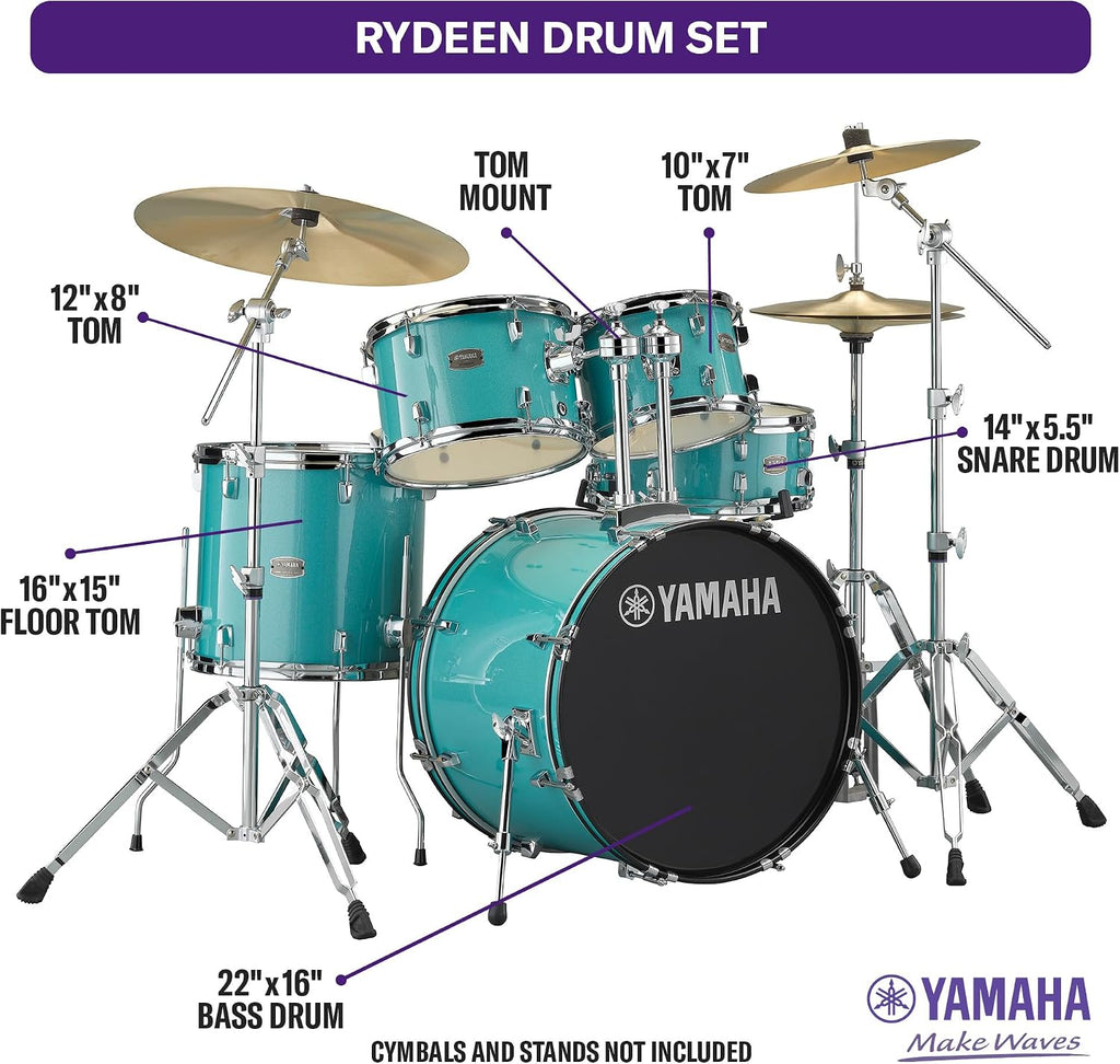 Yamaha Rydeen 5-Piece Drum Set With 22' Bass Drum, Floor Tom, 2 Toms With Ball Clamp And Wood Snare Drum, Turquoise Glitter