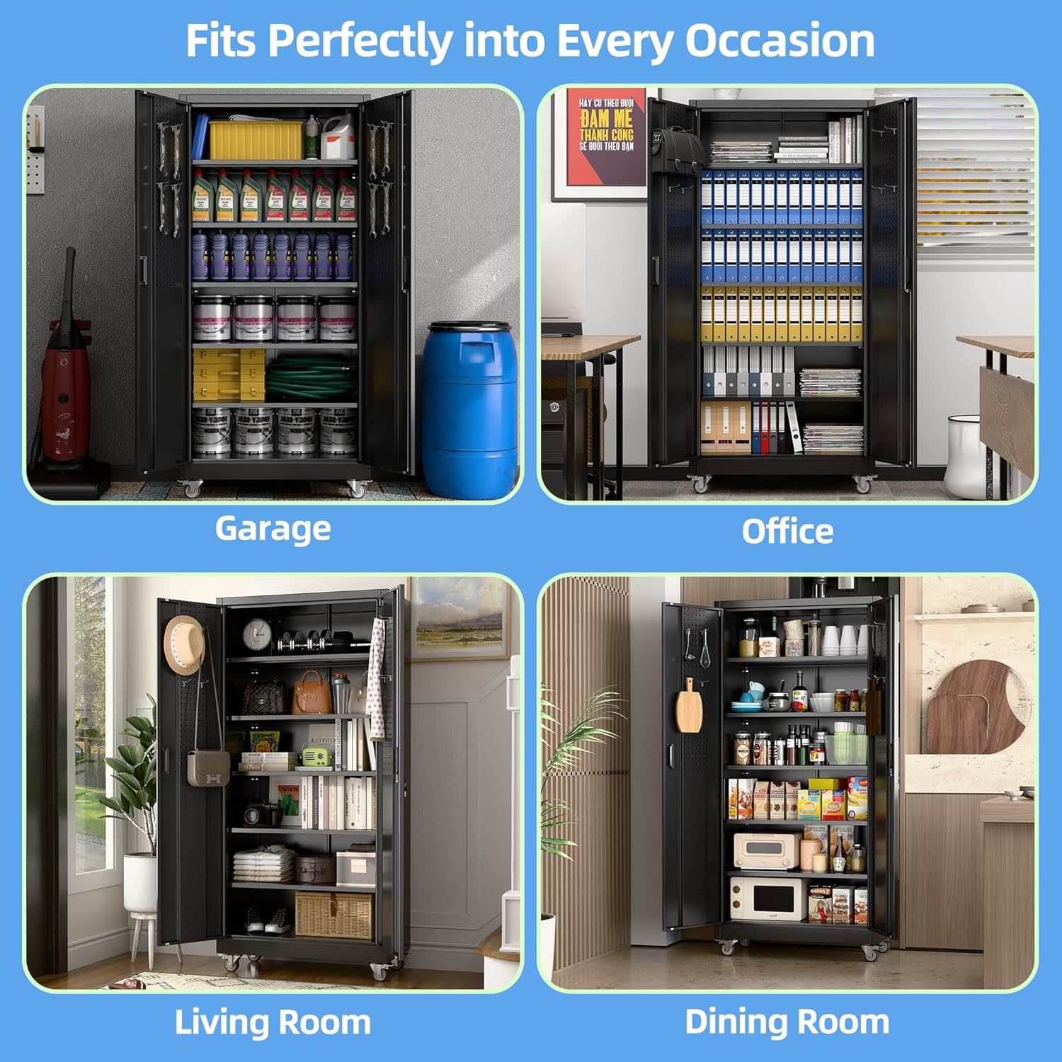 Reemoon Metal Garage Storage Cabinet with Wheels and Lockable Doors, Steel Storage Cabinet with 5 Adjustable Shelves and Pegboard for Garage Home Utility Room,Required Assembly,Black,71'H×34'W×18'D