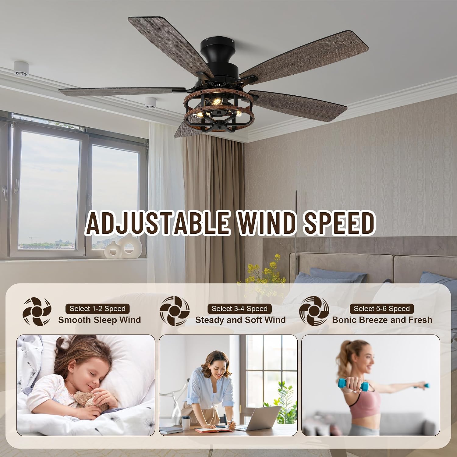 52' Farmhouse Ceiling Fans with Lights and Remote,Chandelier Ceiling Fan with 5 Double Colour Blades Reversible DC Motor,Rustic Caged Ceiling Fan for Living Room,Dining Room,Bedroom