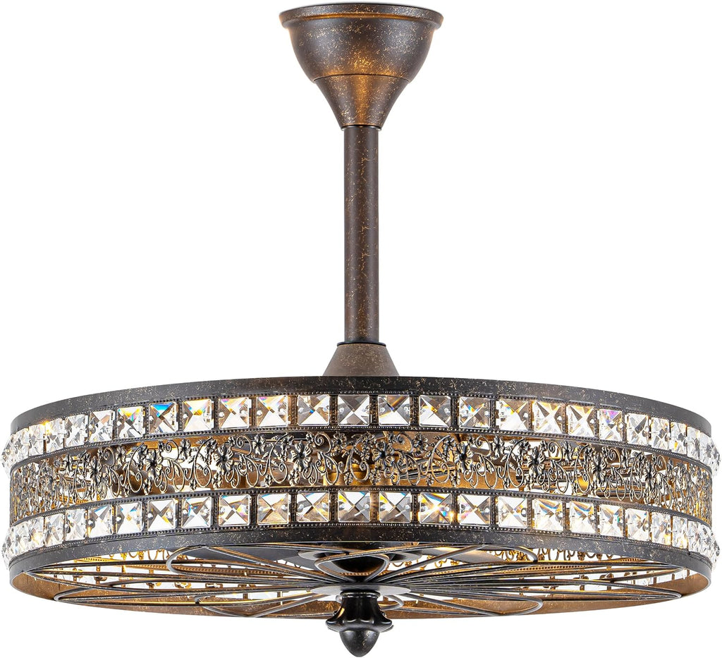 Chandelier Ceiling Fan with Light, Vintage Crystal Victorian Art Deco Elegant Fandelier, Caged Bladeless Enclosed Drum Pendant Light Fixture for Dining Room, Bedroom, Kitchen Island, Entryway