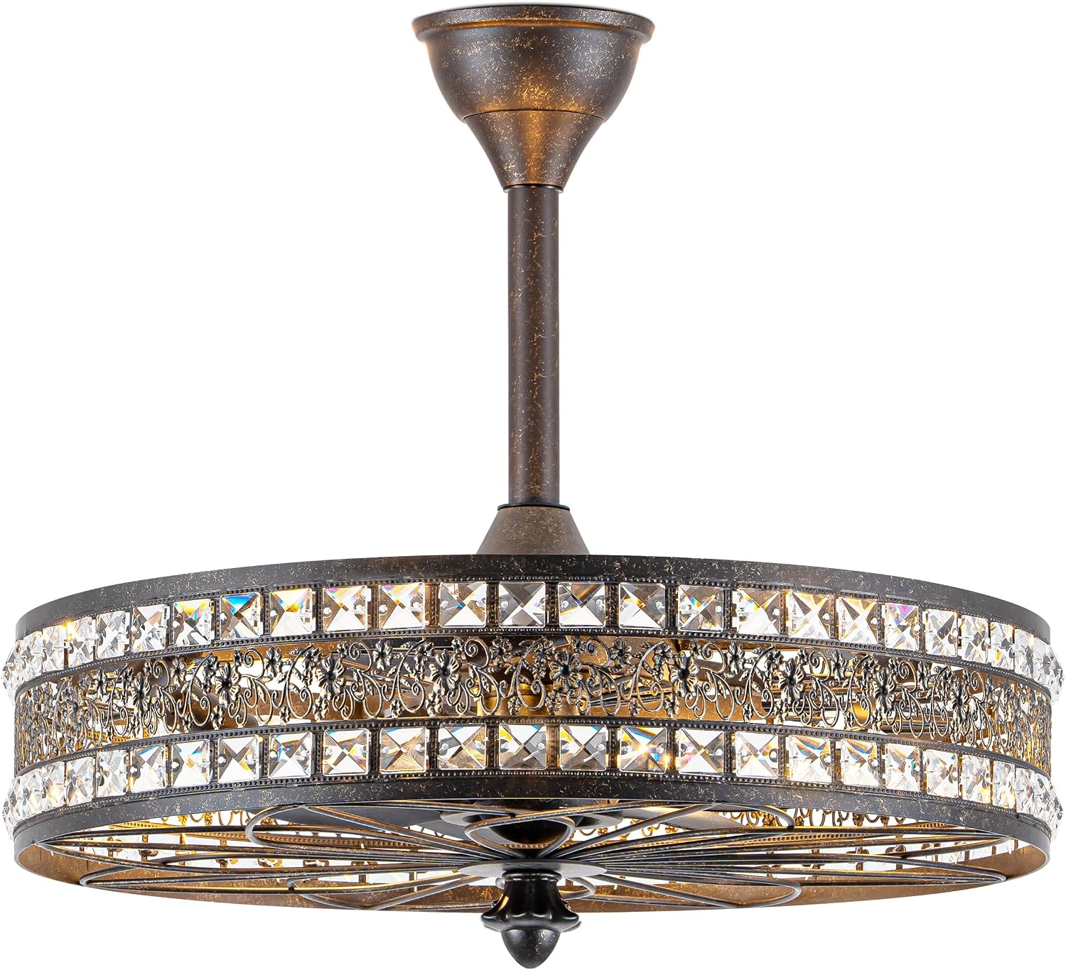 Chandelier Ceiling Fan with Light, Vintage Crystal Victorian Art Deco Elegant Fandelier, Caged Bladeless Enclosed Drum Pendant Light Fixture for Dining Room, Bedroom, Kitchen Island, Entryway