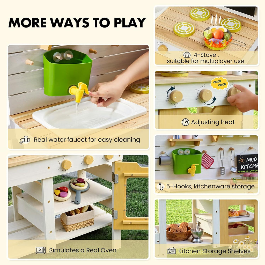 Frogprin Outdoor Mud Kitchen for Kids, Wooden Play Kitchen with Plant Growing Box & Trellis, Real Faucet Sink, Gardening Tools &, Cooking Accessories, Ideal for Toddlers Ages 3+
