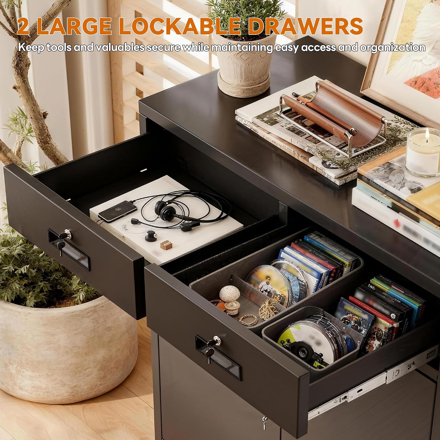 BESFUR Metal Garage Storage Cabinet with Two Lockable Drawers 2 Locking Doors and an Adjustable Shelf, 36' Black Metal Short Storage Cabinet for Home Office,Garage,School,Utility Room