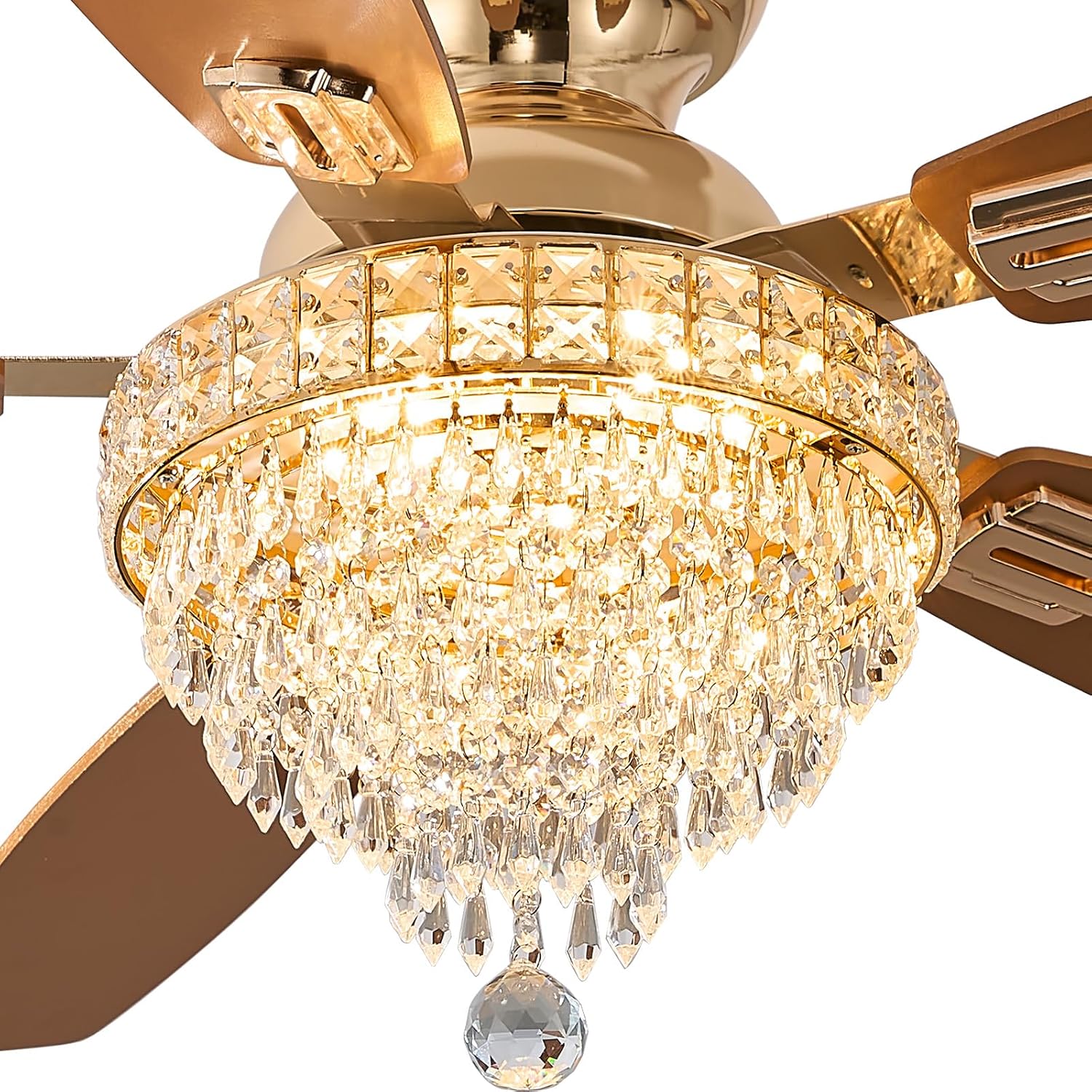 Crystal Ceiling Fan Fandelier with Lights-Ceiling Fans,50' Low Profile and Remote Control, Flush Mount, Reversible, Dimmable, Noiseless, Gold Ceiling Fan for Bedroom