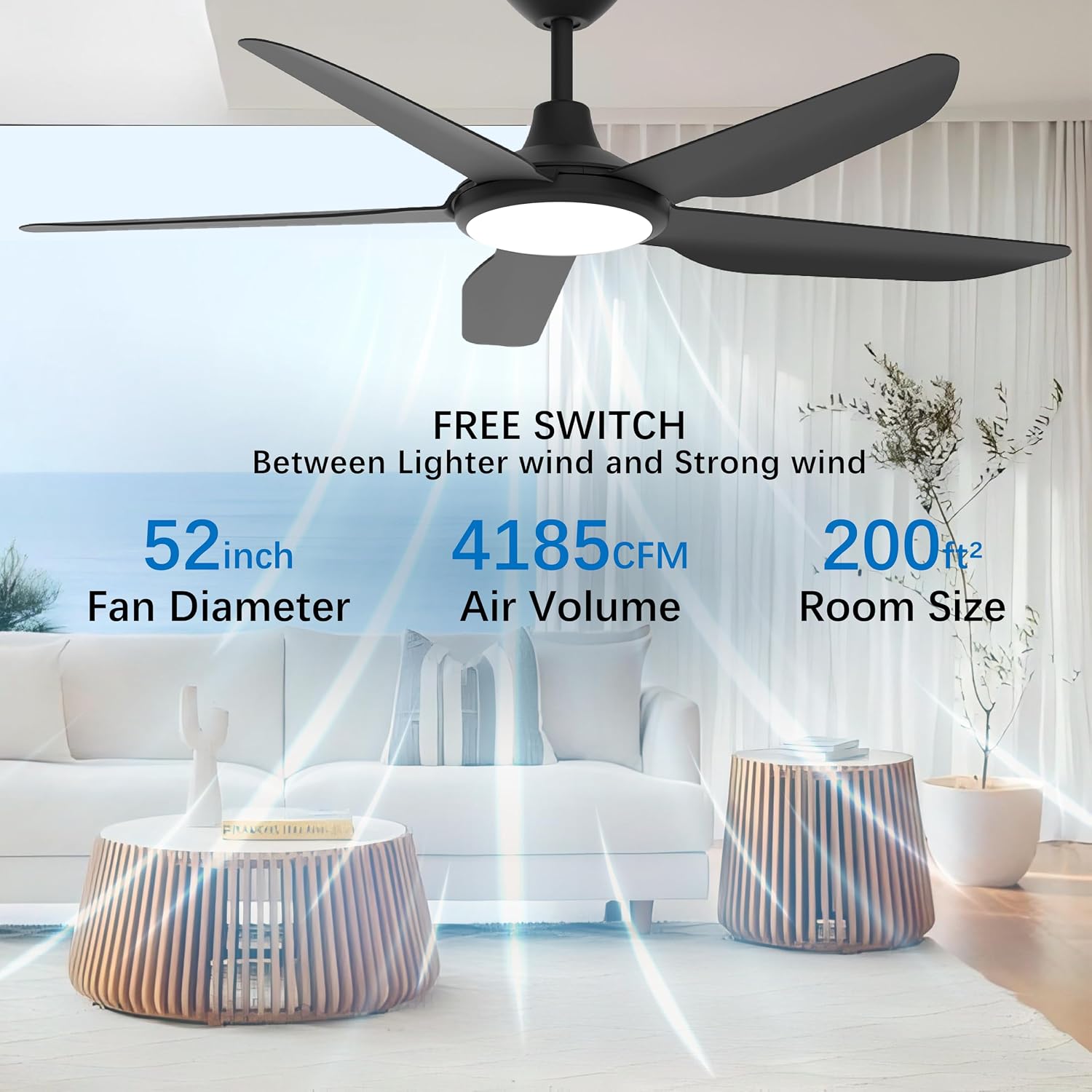 52 Inch Large Outdoor Ceiling Fans with Lights, High CFM Waterproof Blades for Covered Patio, 9 Speed Remote Control Dimmable LED Light, Angled Mount Easy Install