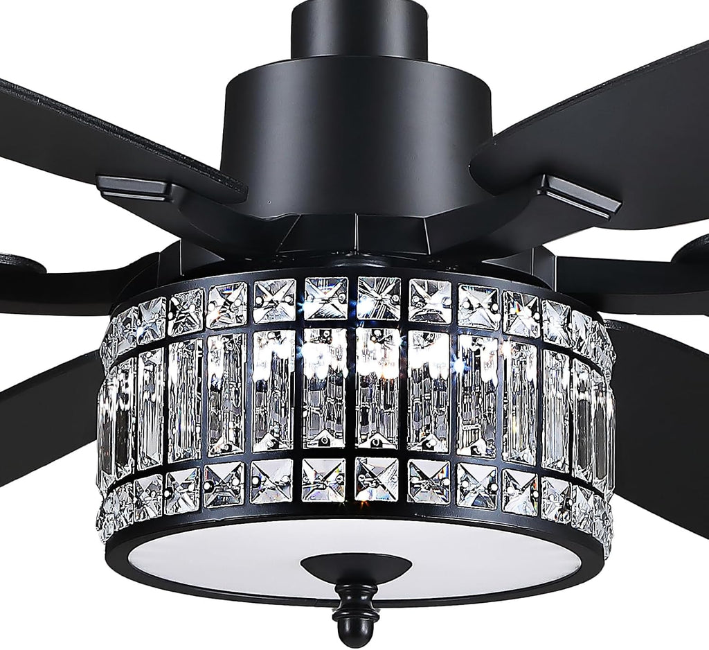 Kviflon 52 Inch Crystal Ceiling Fan with Lights and Remote/APP Control, Black Fandelier Ceiling Fan with Light, Modern Chandelier Ceiling Fan for Bedroom Living Room, Quiet DC Motor, Dimmable LED