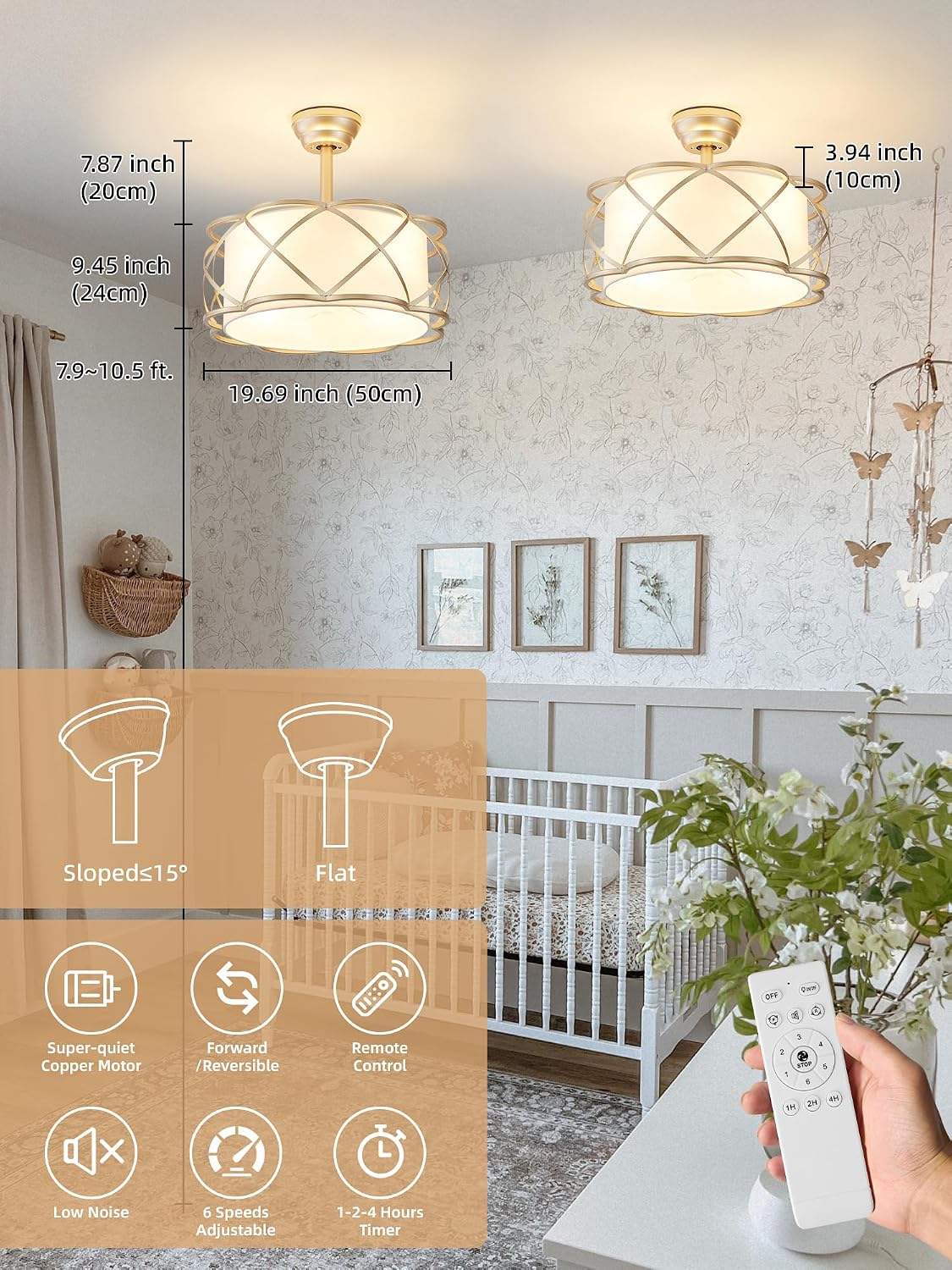 Gold Fandelier Ceiling Fans with Lights, 20' Mid Century Boho Chandelier Ceiling Fan Remote Control with 6 Speeds for Bedroom, Nursery, Living Room