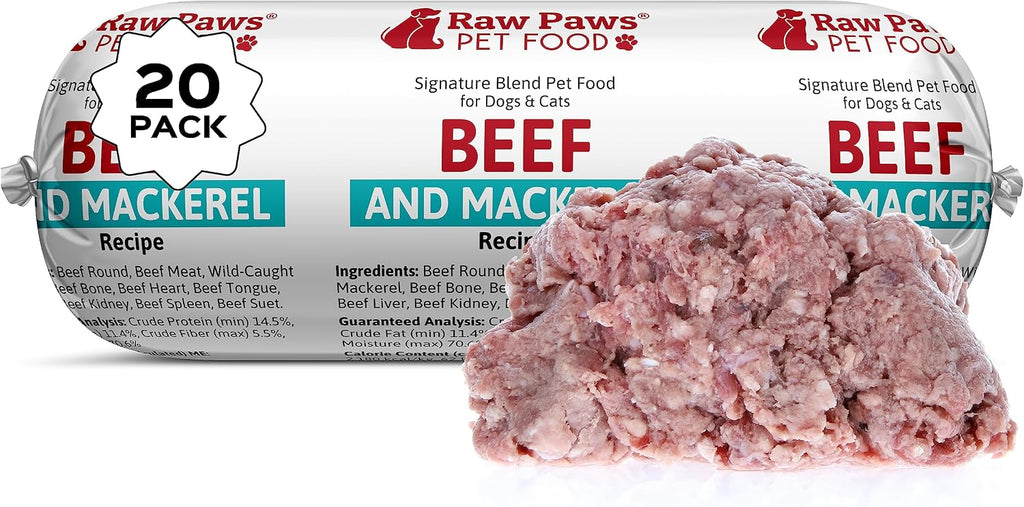 Raw Paws Signature Blend Pet Food for Dogs & Cats - Beef & Wild-Caught Mackerel Recipe, 1-lb Rolls (20 Pack) - Freshly Made in USA Natural Beef Fish Dog Food - Mackerel for Dogs, Raw Cat Food