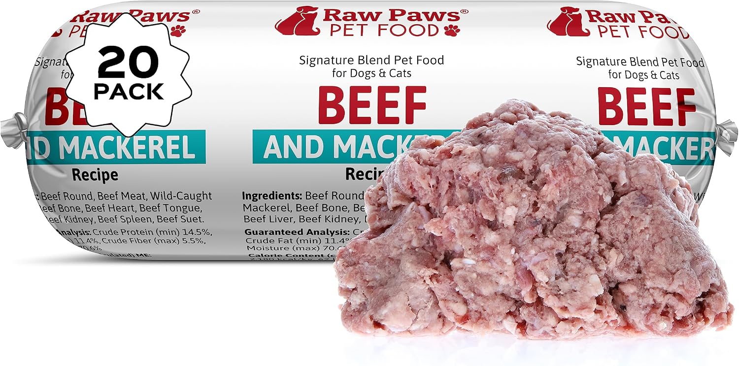 Raw Paws Signature Blend Pet Food for Dogs & Cats - Beef & Wild-Caught Mackerel Recipe, 1-lb Rolls (20 Pack) - Freshly Made in USA Natural Beef Fish Dog Food - Mackerel for Dogs, Raw Cat Food