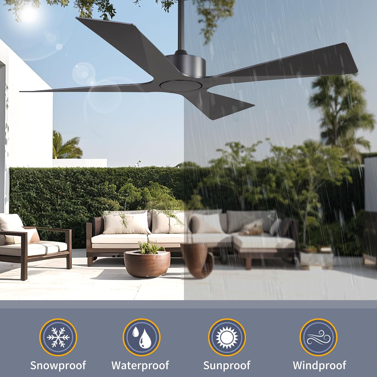 WINGBO 54' Wet Rated Outdoor Ceiling Fan without Lights, 4 ABS Plastic Blades, Reversible DC Motor, 6-Speed Remote Control, Waterproof Ceiling Fan No Lights for Patio Porch Gazebo Garage, Black