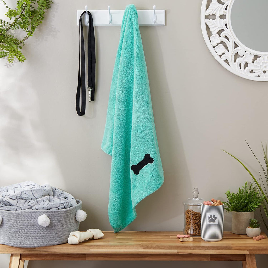 Bone Dry Pet Grooming Towel Collection Absorbent Microfiber X-Large, 41x23.5, Embroidered Green (Pack of 12)