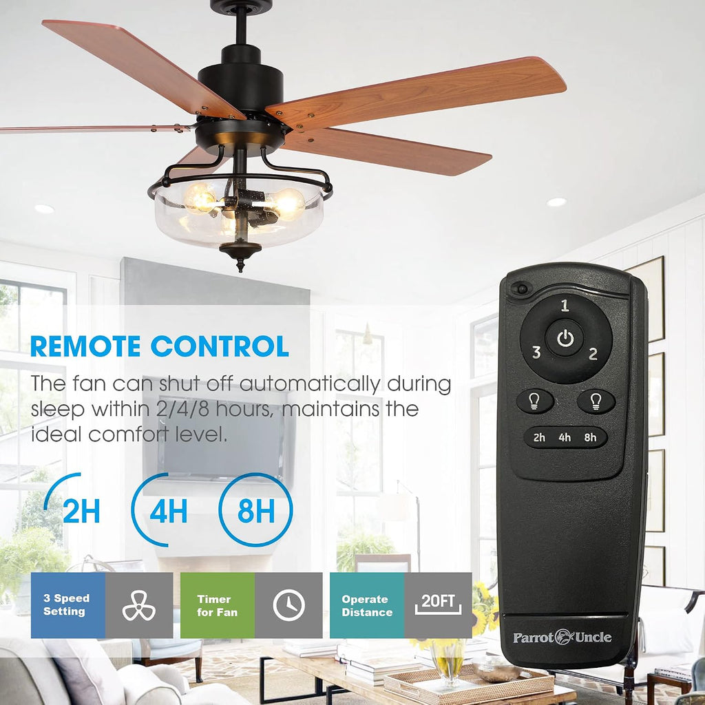 Parrot Uncle Ceiling Fans with Lights and Remote Farmhouse Ceiling Fan with Light 52 Inch Outdoor Ceiling Fans for Patios Covered, Dark Brown/Light Oak