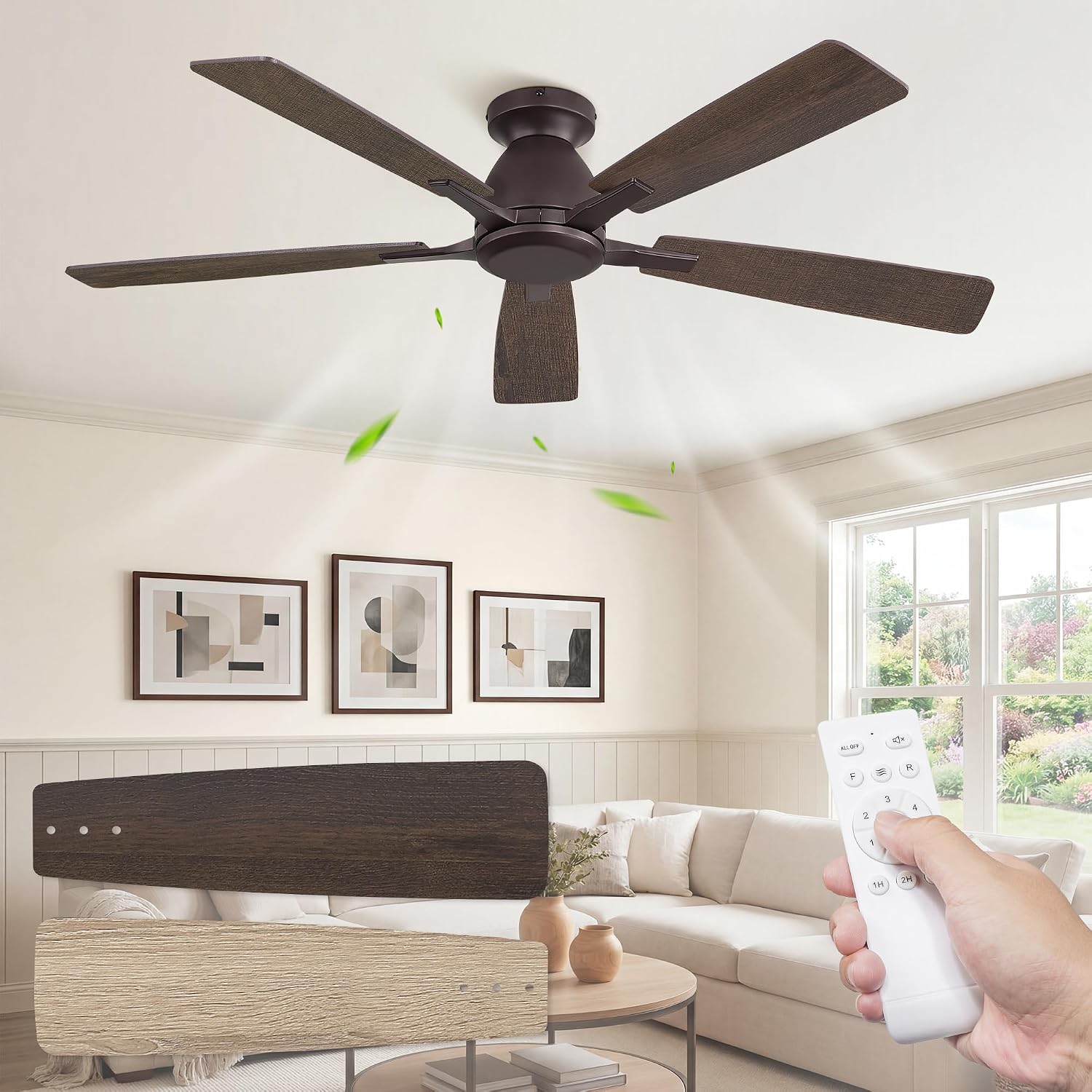 Fanbulous 52 Inch Flush Mount Ceiling Fan No Light with Remote,Modern Low Profile Without Light,6-Speeds,Quiet Reversible DC Motor,Indoor&Outdoor Ceiling Fans for Bedroom,Living Room,Oil Bronze