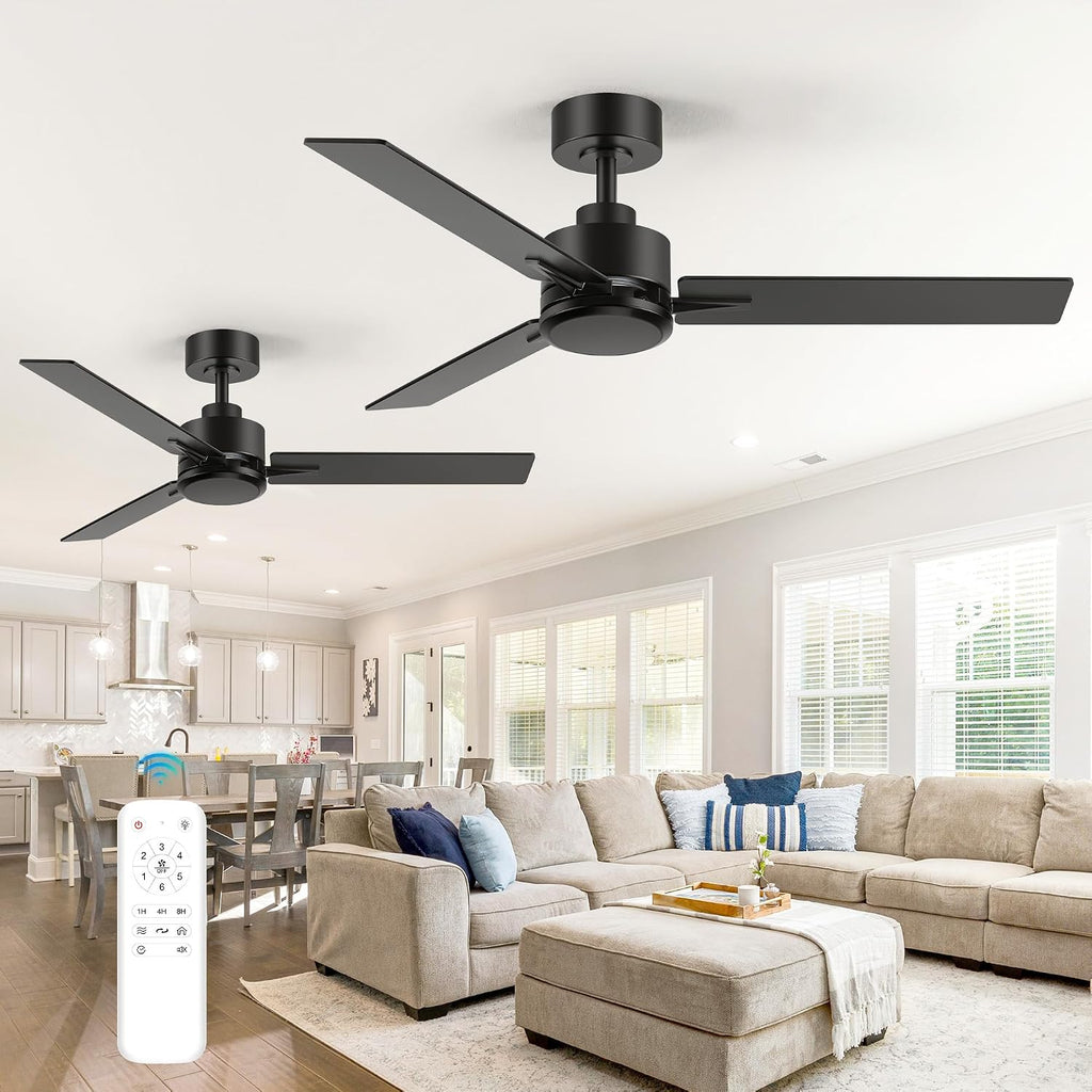 2 Pack 48 Inch Ceiling Fans without Light Remote Control, 6-Speed, Quiet Reversible DC Motor, 3-Blade, Industrial Indoor/Outdoor Ceiling Fan No Light for Living Room Patio, Black