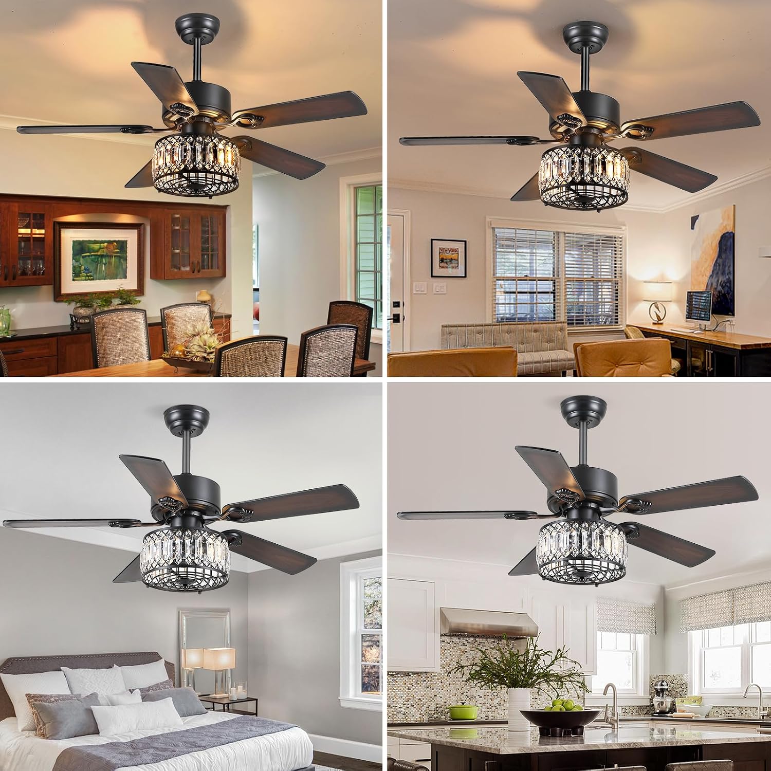 Kviflon Farmhouse Crystal Ceiling Fans with Lights and Remote, 48 Inch Chandelier Ceiling Fans, Black Fandelier Ceiling Fan for Bedroom Living Room, Quiet DC Motor, Reversible, Bulb not Included