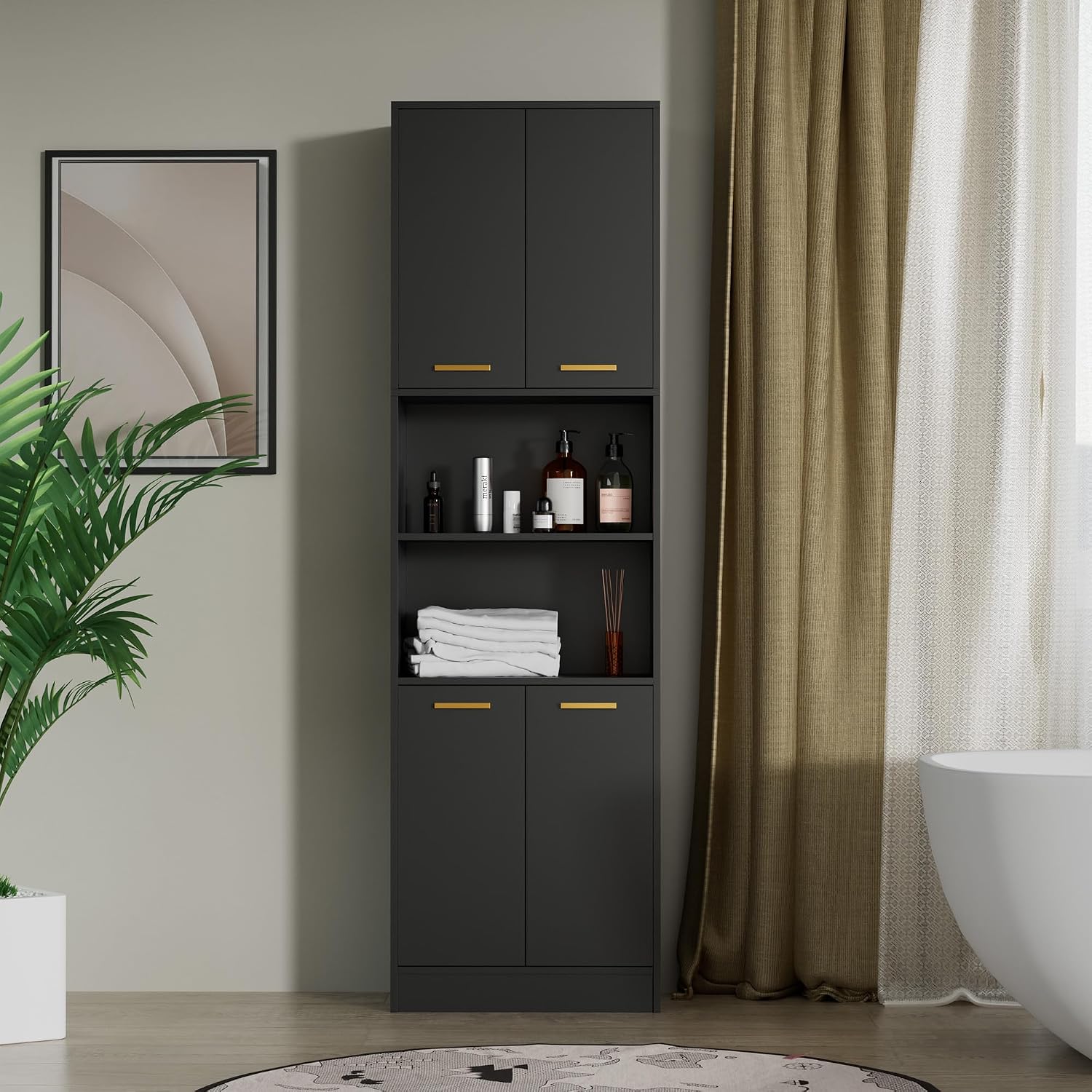 Cozy Castle Kitchen Pantry Cabinet, 75' Tall Wood Storage Cabinet with Doors and Shelves, 4 Doors Open Countertop Utility Hutch Cupboard for Dining Room Living Room Bathroom Furniture, Black